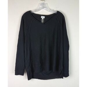 BKE Top Women Large Black V-Neck Waffle Knit Crochet Ladder Back Long Sleeve